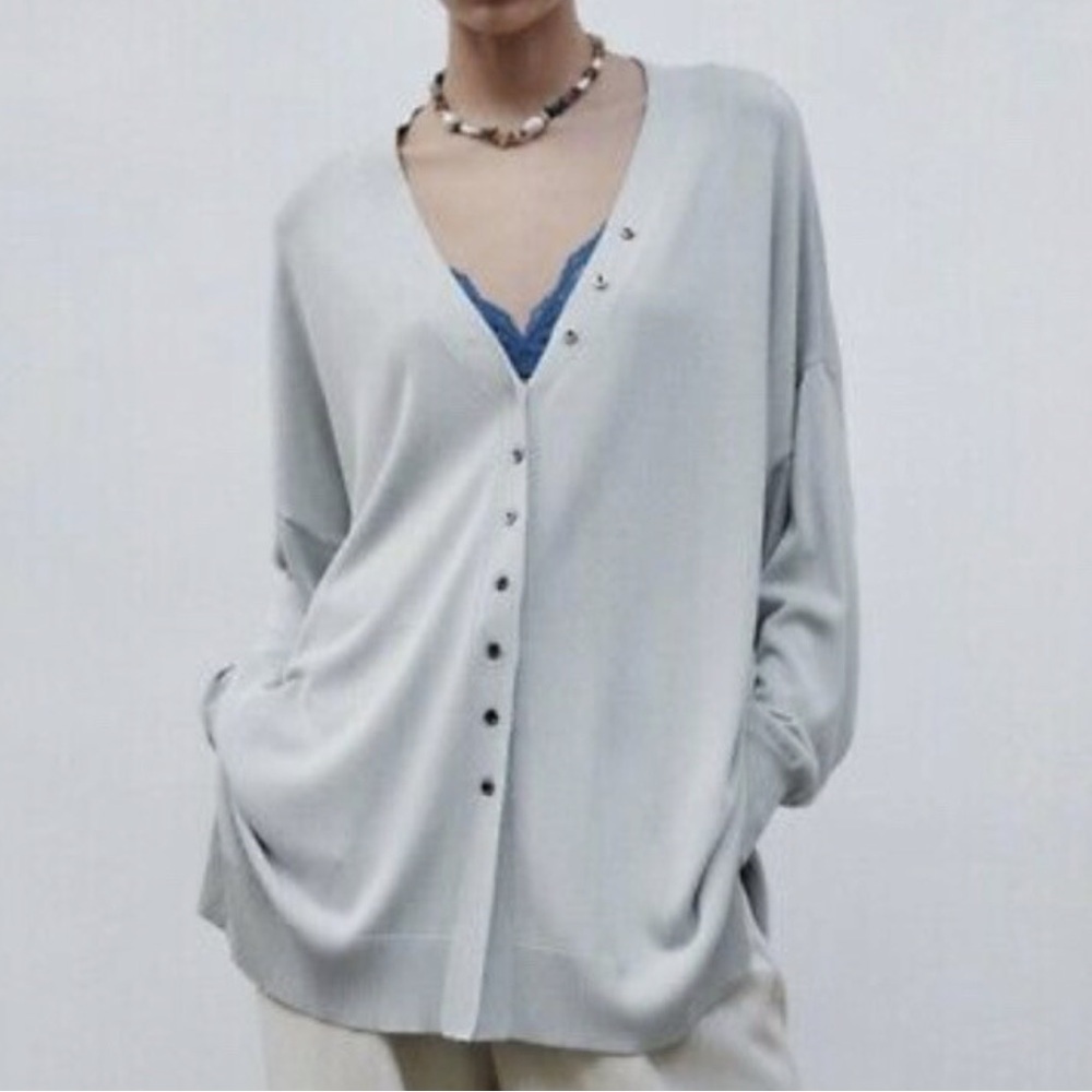 Zara Button Knit Cardigan Steel Blue oversized Small side slits buttons